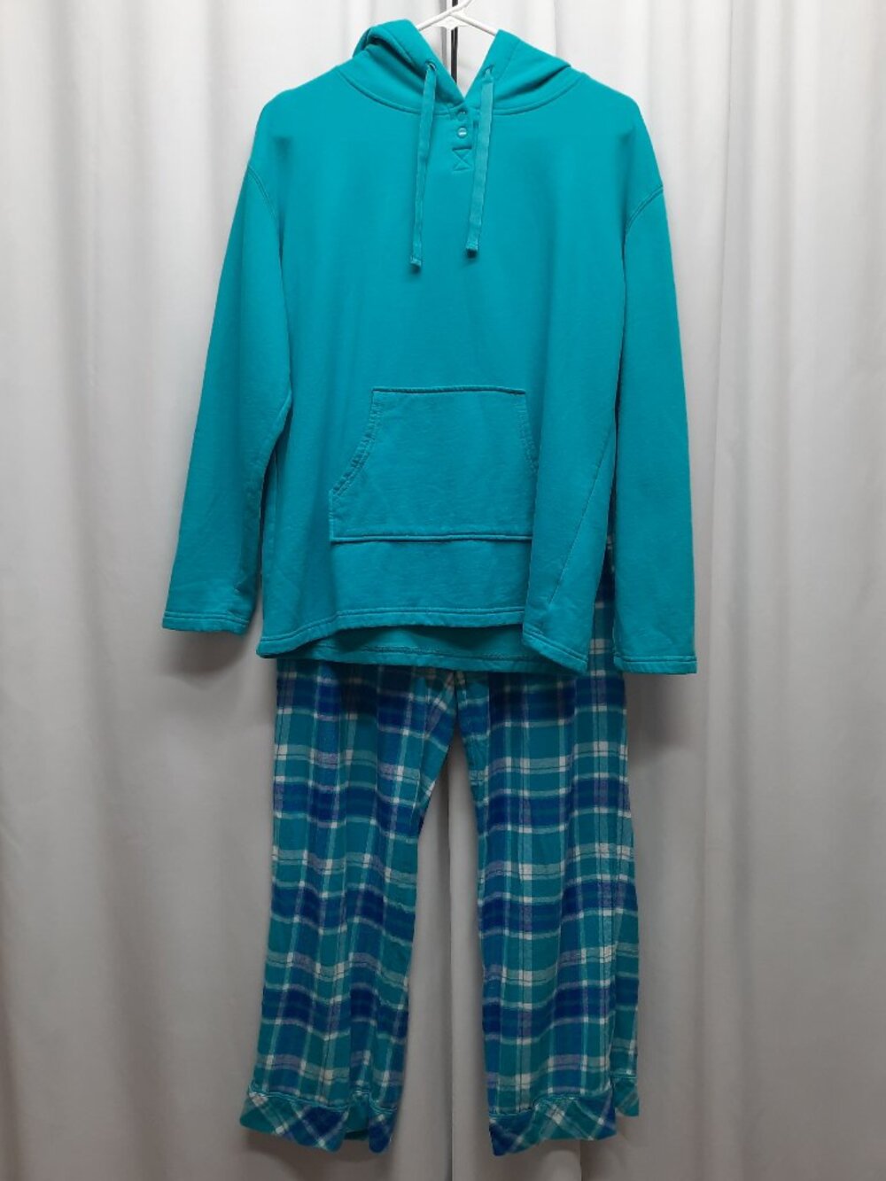 PajamaGram Women’s Medium Teal Blue Plaid Hoodie Pajama Set Cotton PJG-W3516